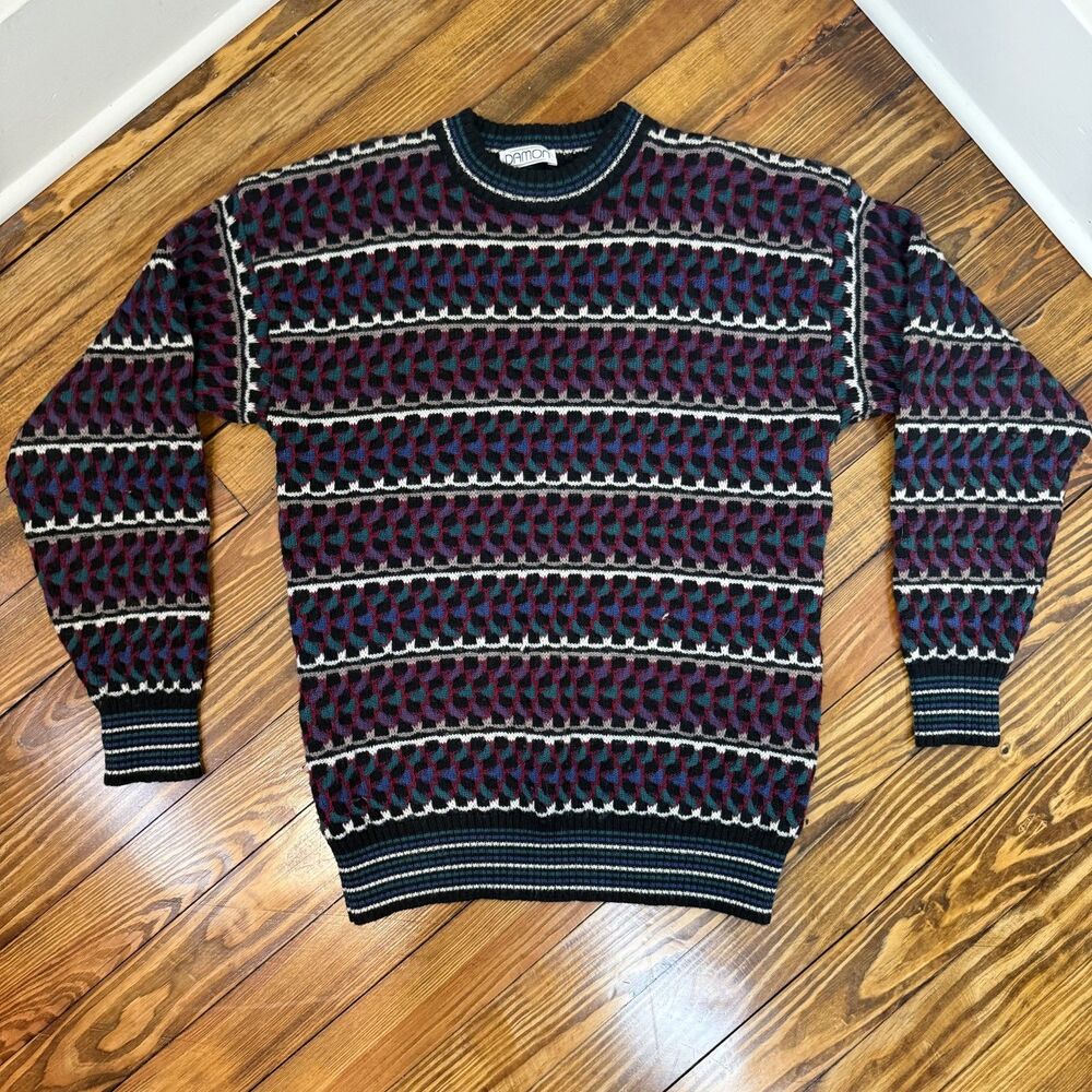 Vintage 90s 100% Pure Wool Geometric Knit Black Burgundy Blue Sweater, Hong Kong